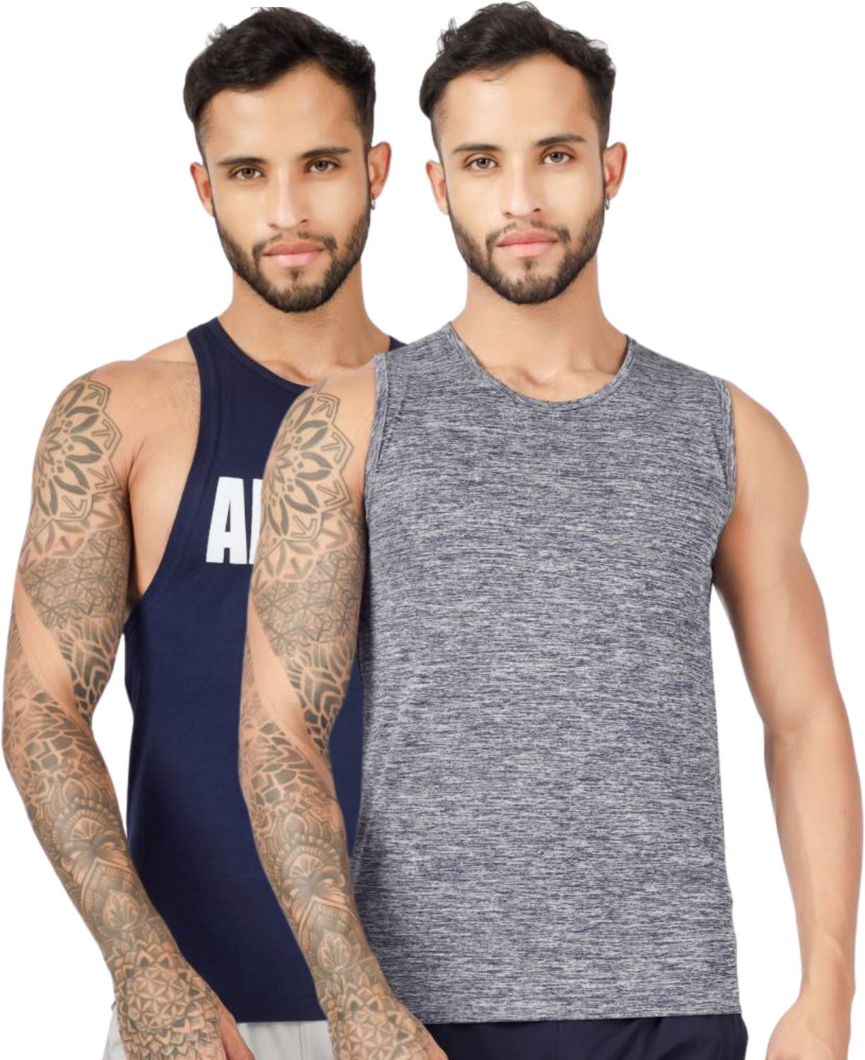 BLUEFICUS Men's GymVest Workout and Muscle Tank Top for Bodybuilding Running Weight Lifting Made by Dryfit Polyester Fabric (Grey & Dark Blue) (Pack of 2)