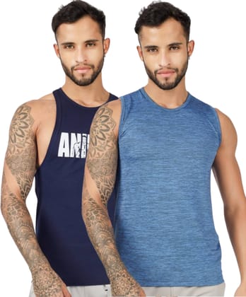 BLUEFICUS Men's GymVest Workout and Muscle Tank Top for Bodybuilding Running Weight Lifting Made by Dryfit Polyester Fabric (Blue & Dark Blue) (Pack of 2)