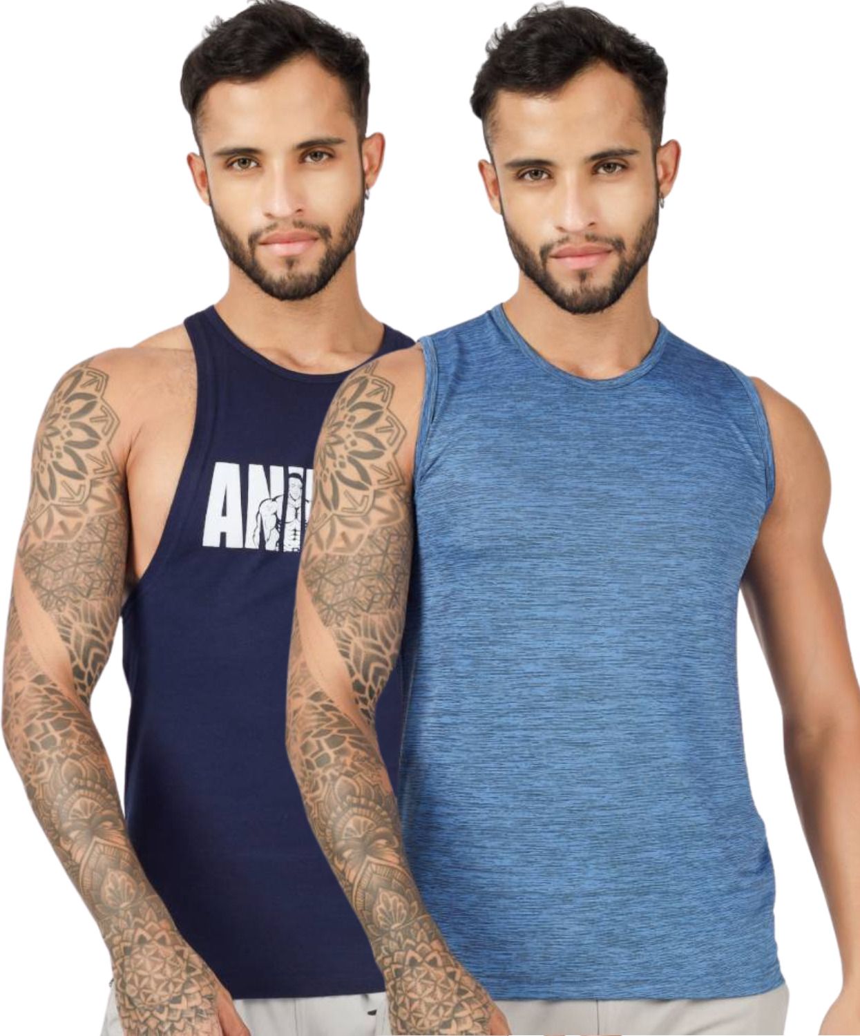 BLUEFICUS Men's GymVest Workout and Muscle Tank Top for Bodybuilding Running Weight Lifting Made by Dryfit Polyester Fabric (Blue & Dark Blue) (Pack of 2)