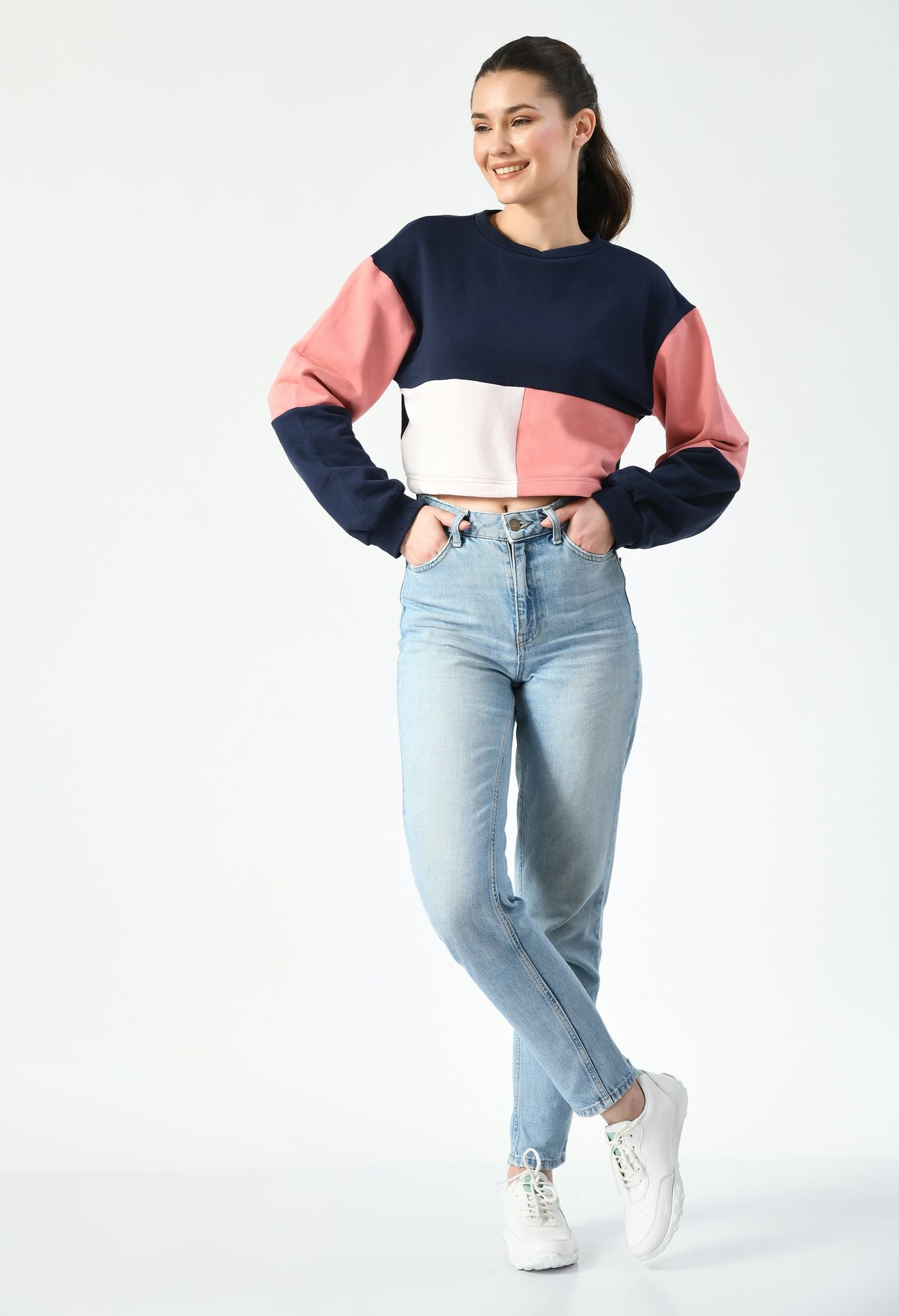 Pink/Navy Color-Blocked Cropped Sweatshirt