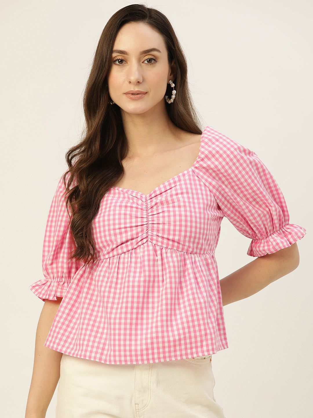 Rue Collection Pink & White Checked Sweetheart Neck Blouson Top