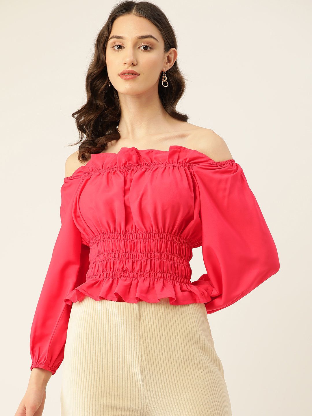 Solid Off-Shoulder Smocked Crepe Top