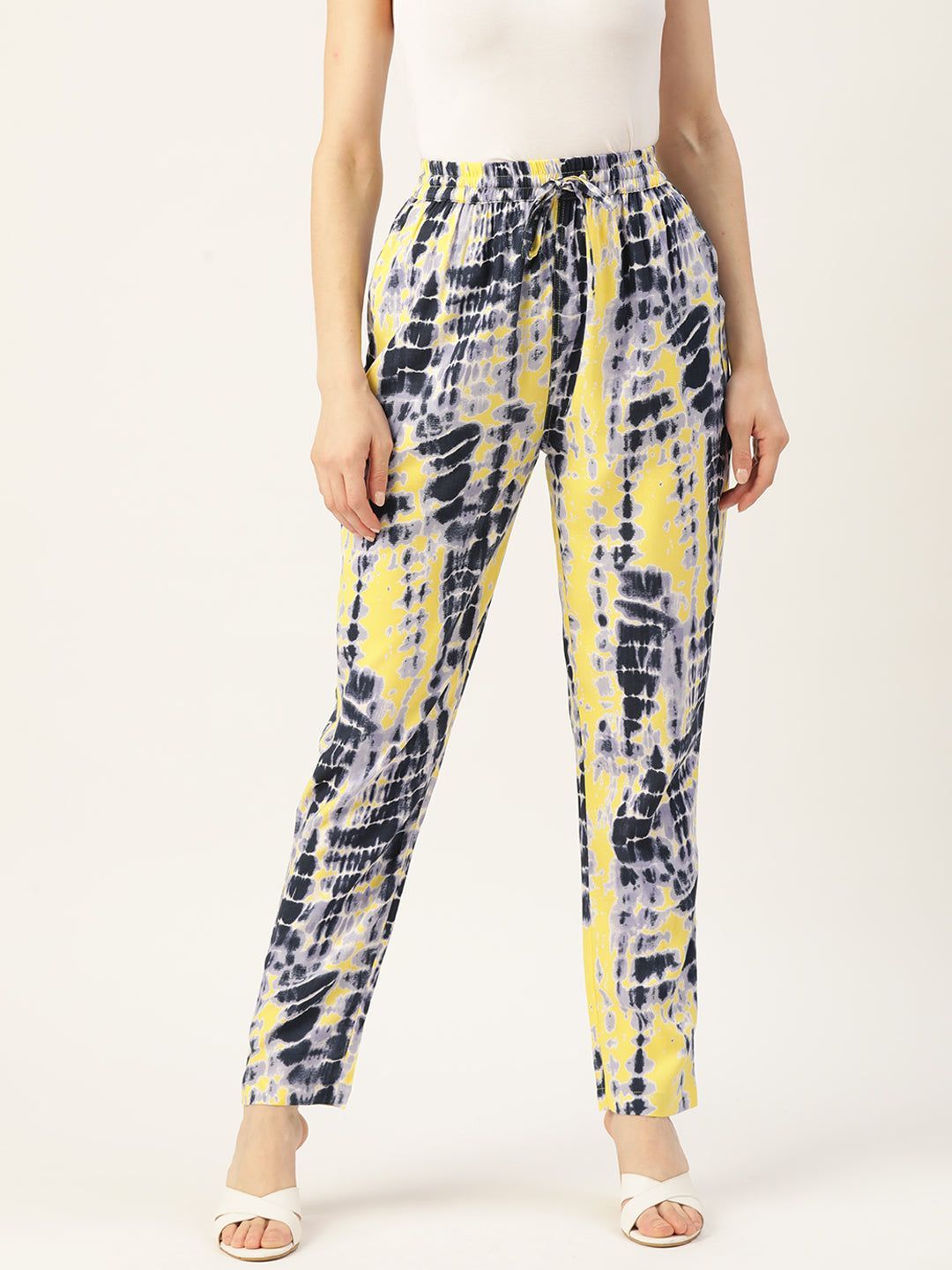 Women Black & Yellow Printed High-Rise Trousers