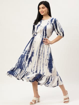 Women White & Blue Tie and Dye A-Line Midi Dress