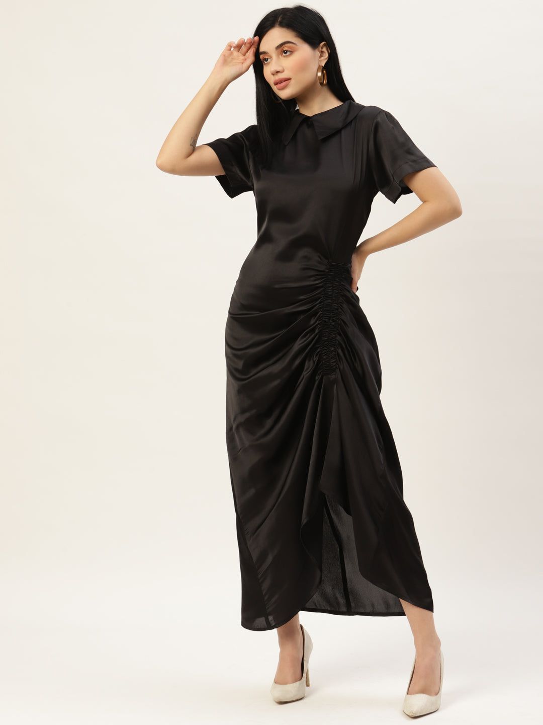 Women Black Solid Ruched Satin Maxi Dress