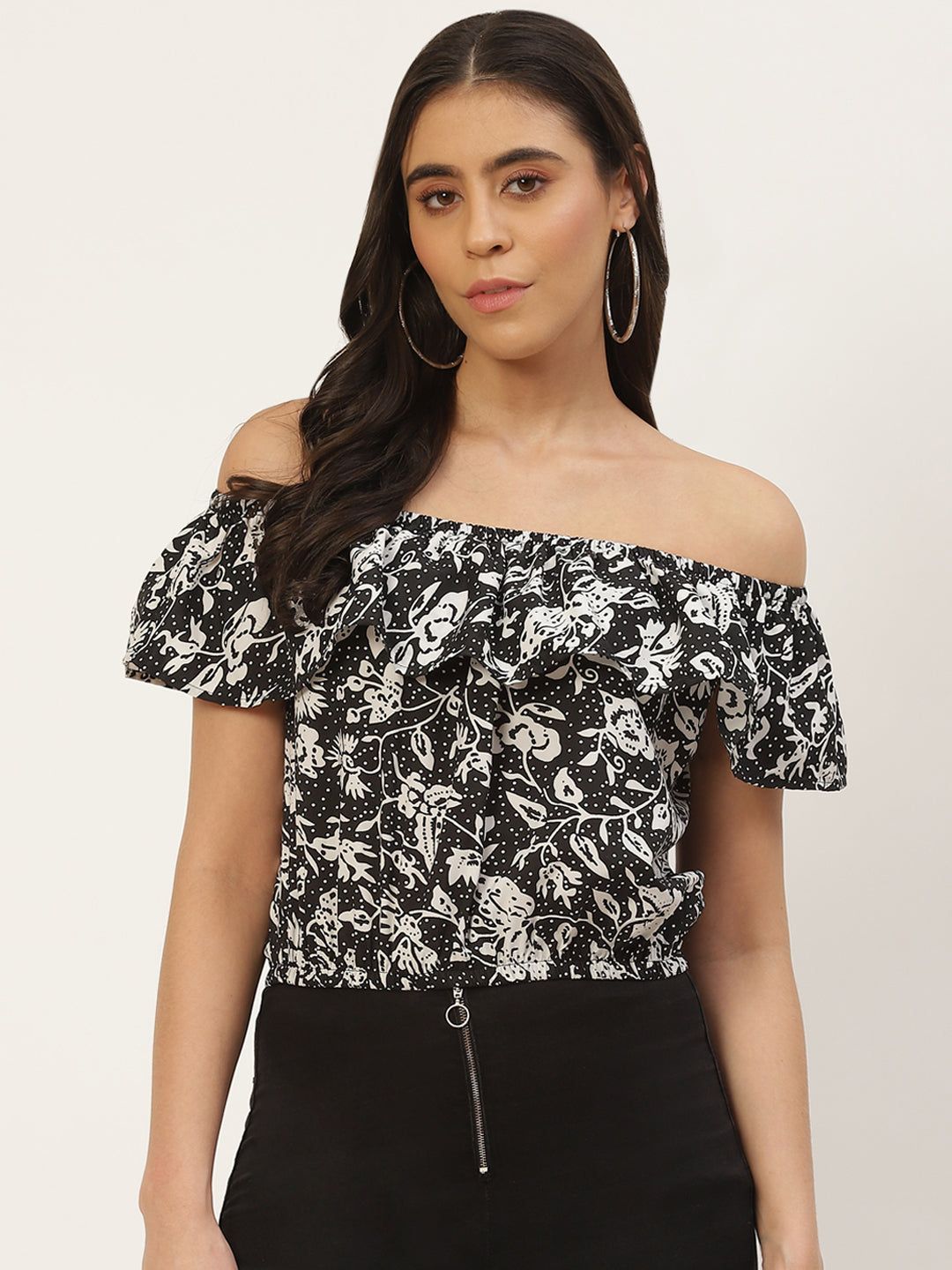 Multicoloured Floral Print Off-Shoulder Ruffles Crepe Bardot Top