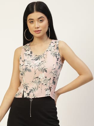 Pink & Grey Floral Print Crepe Crop Top