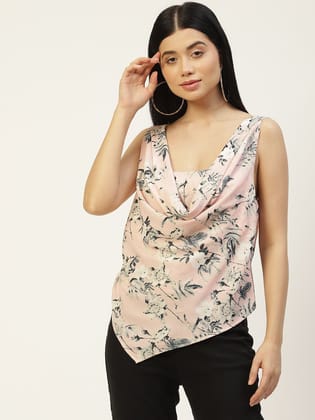 Pink & Grey Floral Print Cowl Neck Crepe Top