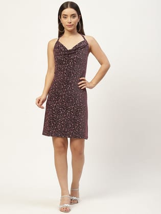 Maroon Embellished Halter Neck Jacquard Sheath Dress