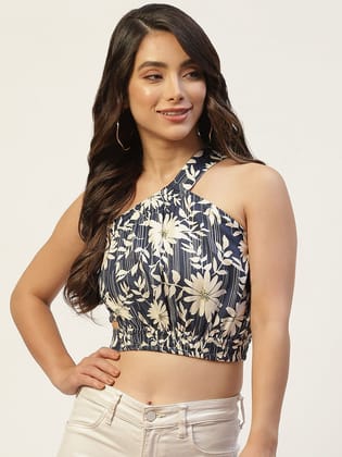 Navy Blue & Off White Floral Print One Shoulder Crop Top