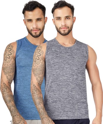 BLUEFICUS Men's GymVest Workout and Muscle Tank Top for Bodybuilding Running Weight Lifting Made by Dryfit Polyester Fabric (Grey & Blue) (Pack of 2)