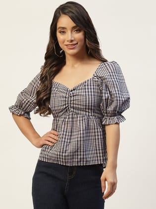 Grey & Black Checked Sweetheart Neck Twisted Top