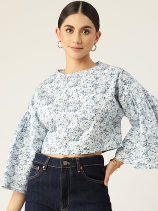 White & Blue Floral Print Cotton Crop Top