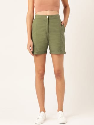 Women Olive Green Solid Regular Shorts