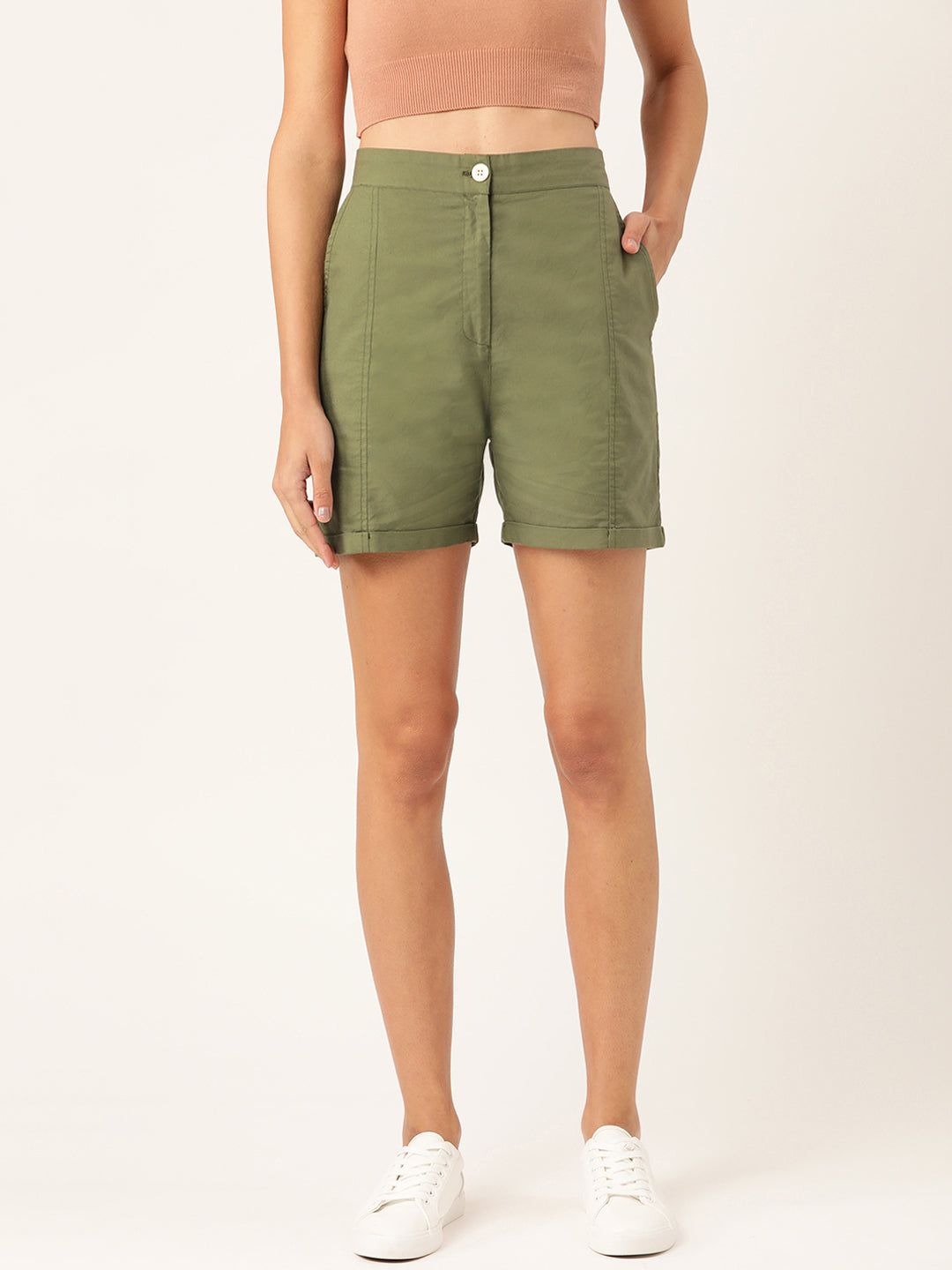 Women Olive Green Solid Regular Shorts