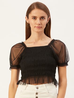 Black Smocked Net Fitted Crop Top