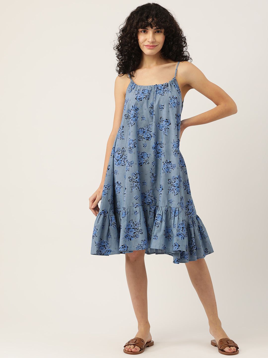 Blue Floral A-Line Pure Cotton Dress