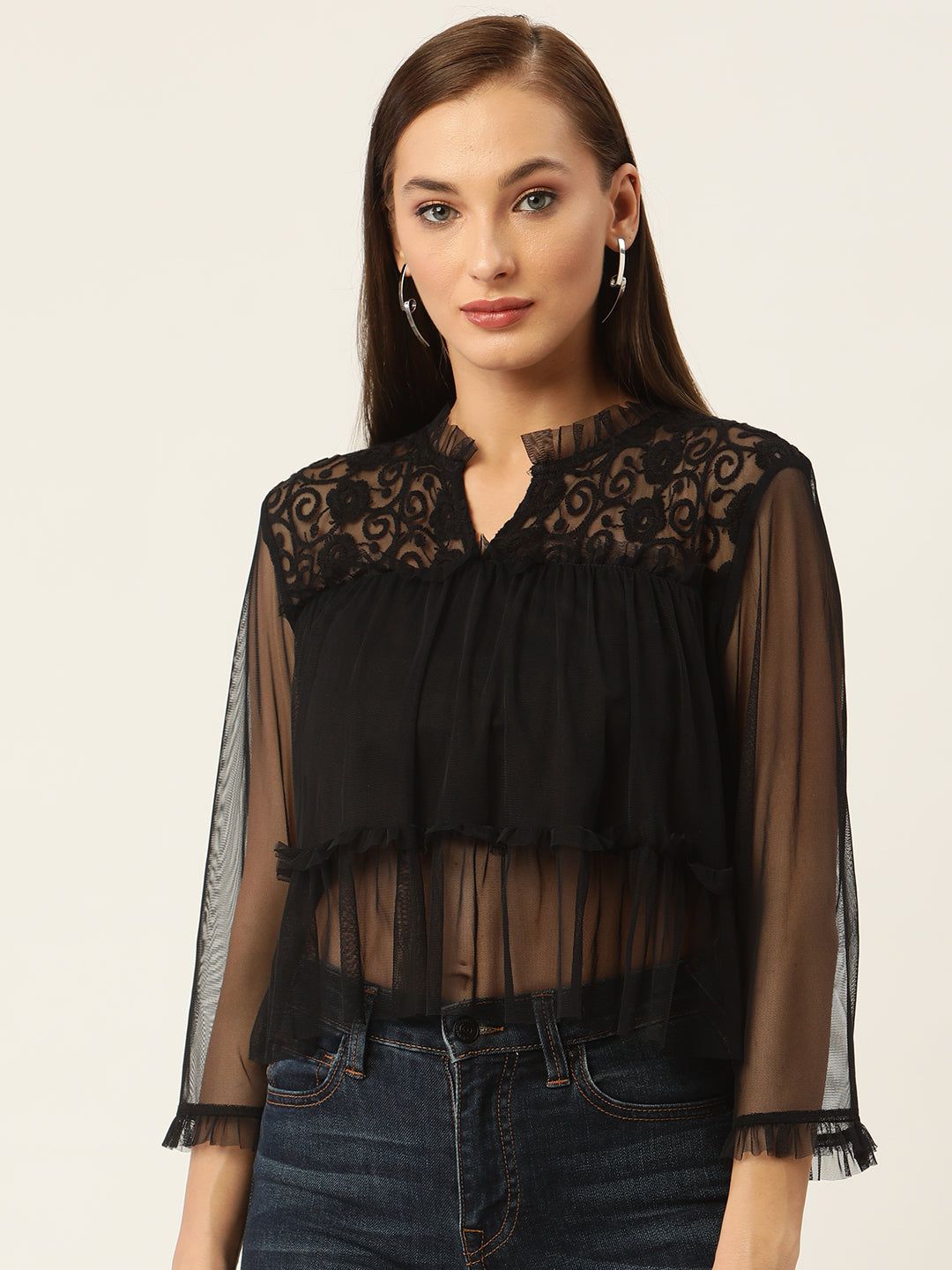 Black Floral Embroidered Sheer Net Top