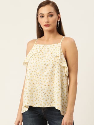 Off White & Yellow Floral Print Ruffles Top