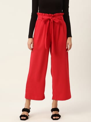 Women Red Comfort Fit Pleated Trousers with Belt