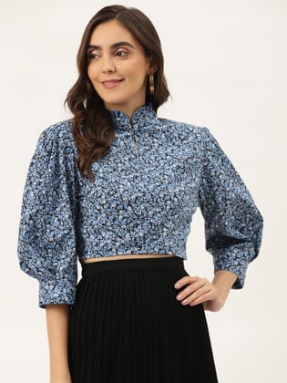 Black & Blue Floral Print Mandarin Collar Shirt Style Crop Top