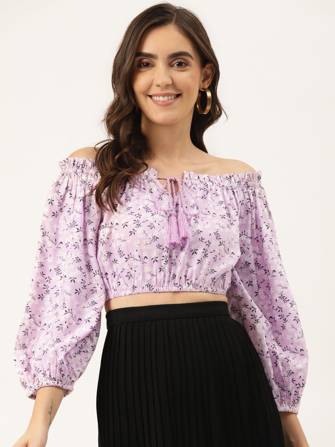 Lavender & White Floral Print Off-Shoulder Blouson Crop Top