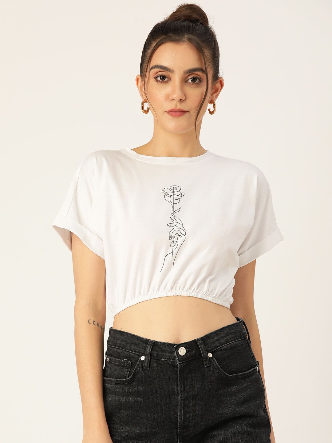 White Print Extended Sleeves Blouson Crop Top