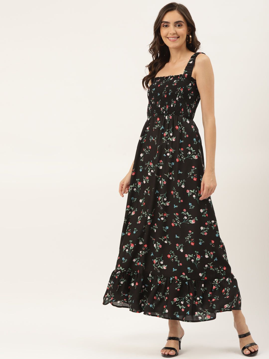 Black Ditsy Floral Smocked Detail Maxi Dress