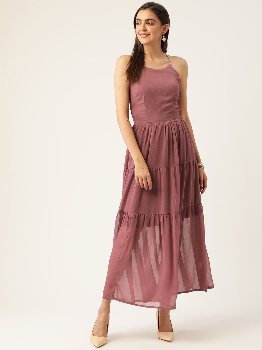 Dusty Pink Halter Neck Semi Sheer Maxi Dress