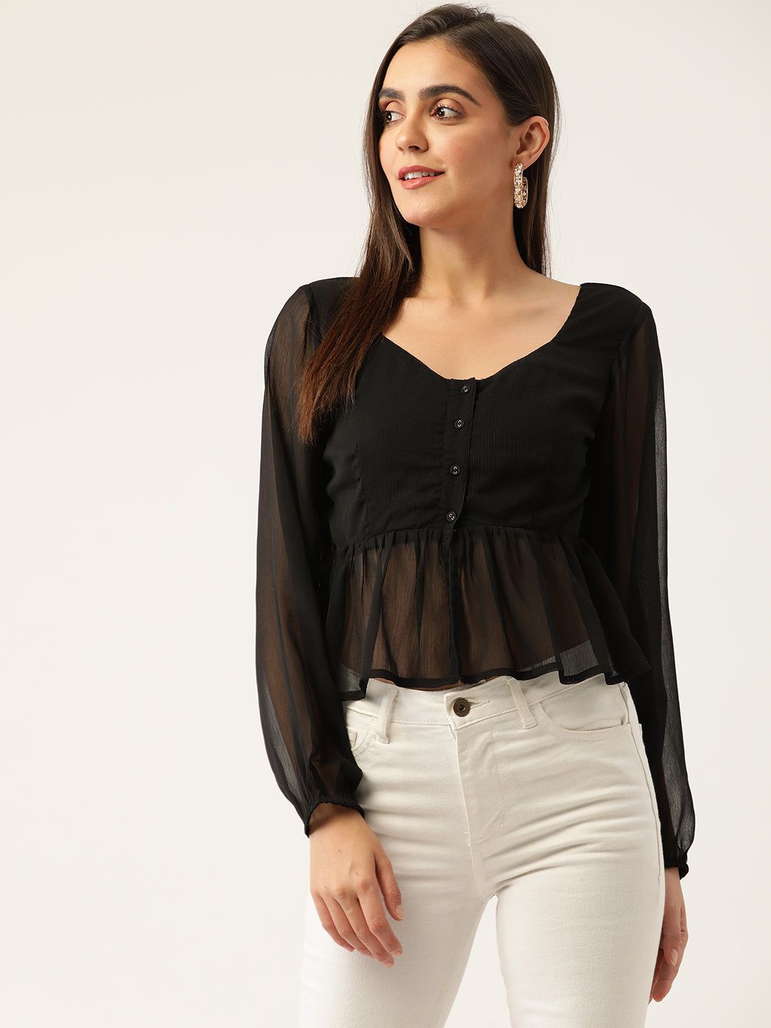 Black Solid Semi Sheer Peplum Top