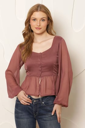 Mauve Solid Semi Sheer Peplum Top