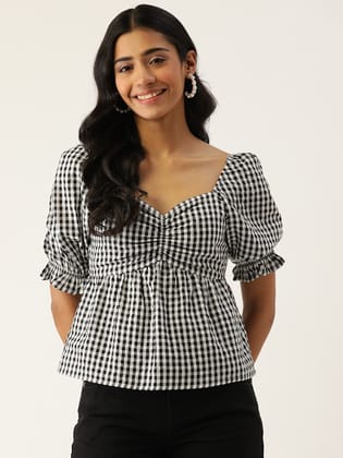 Black & White Checked Blouson Top