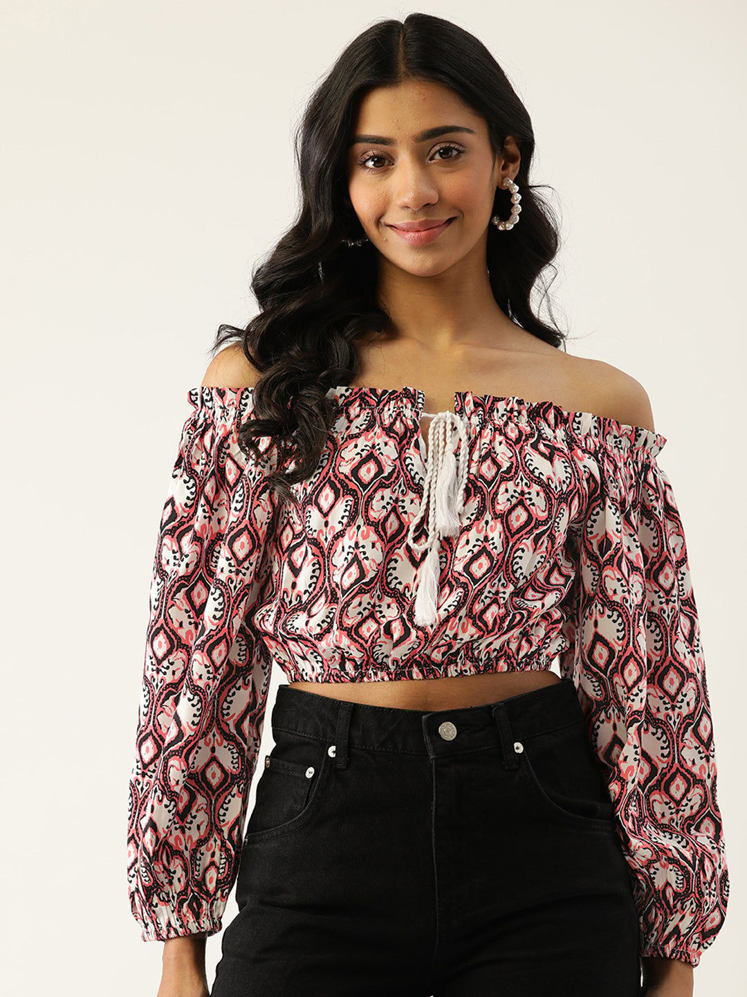 White & Black Printed Off-Shoulder Blouson Crop Top