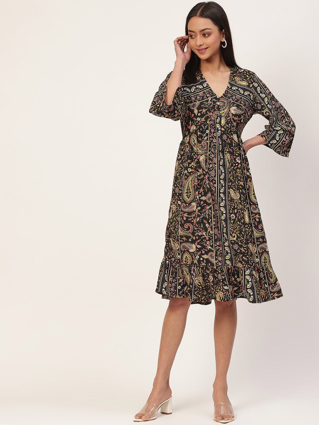 Multicoloured Ethnic Motifs Crepe A-Line Dress