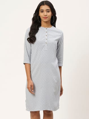 Women White & Blue Printed A-Line Dress