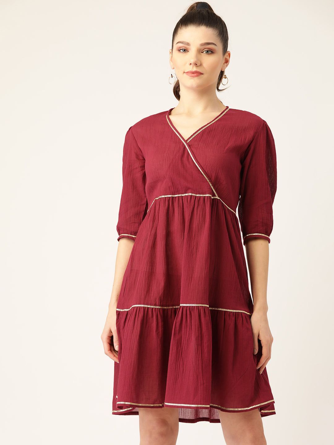 Women Maroon Cotton Crinkled Effect Solid Tiered Wrap Dress