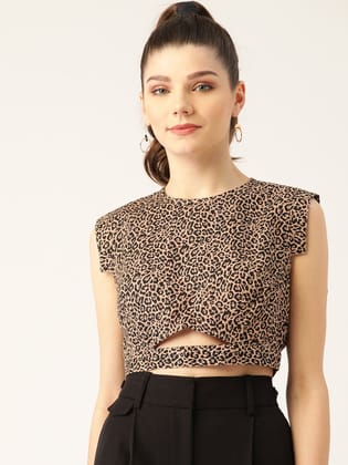 Women Beige & Black Animal Printed Pure Cotton Crop Top