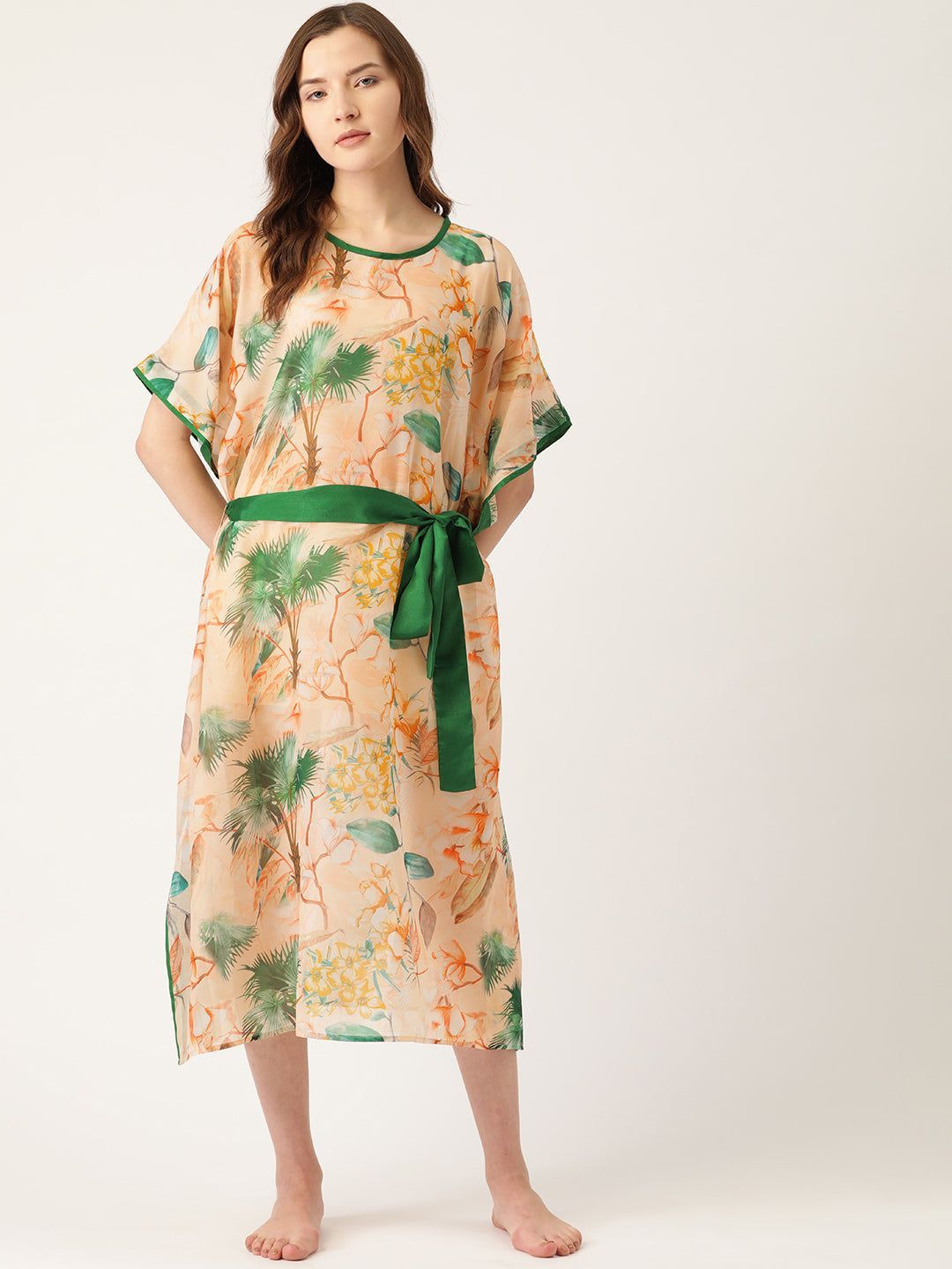 Women Peach Coloured & Green Floral Print Cover-Up Kaftan Dress