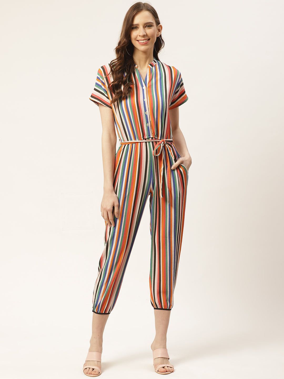 Women Multicoloured Striped Capri Jumpsuit