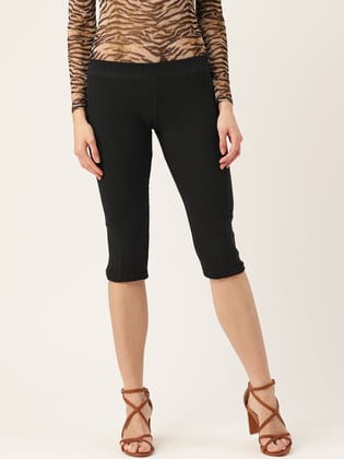 Women Black Crinkled 3/4th Leggings