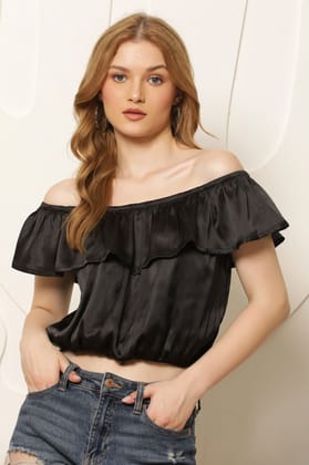 Women Black Solid Satin Finish Cropped Bardot Top