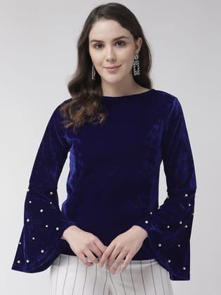 Women Navy Blue Velvet Finish Solid Top