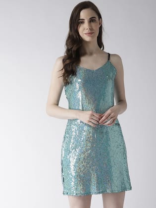 Women Blue Sequinned A-Line Dress