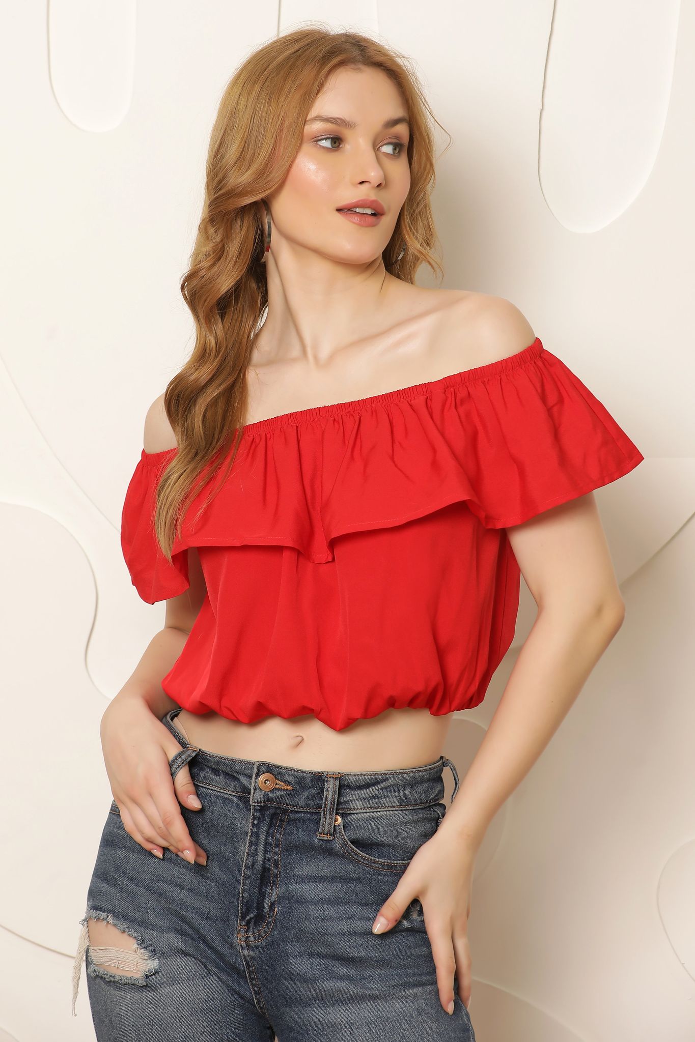 Women Red Solid Crop Bardot Top