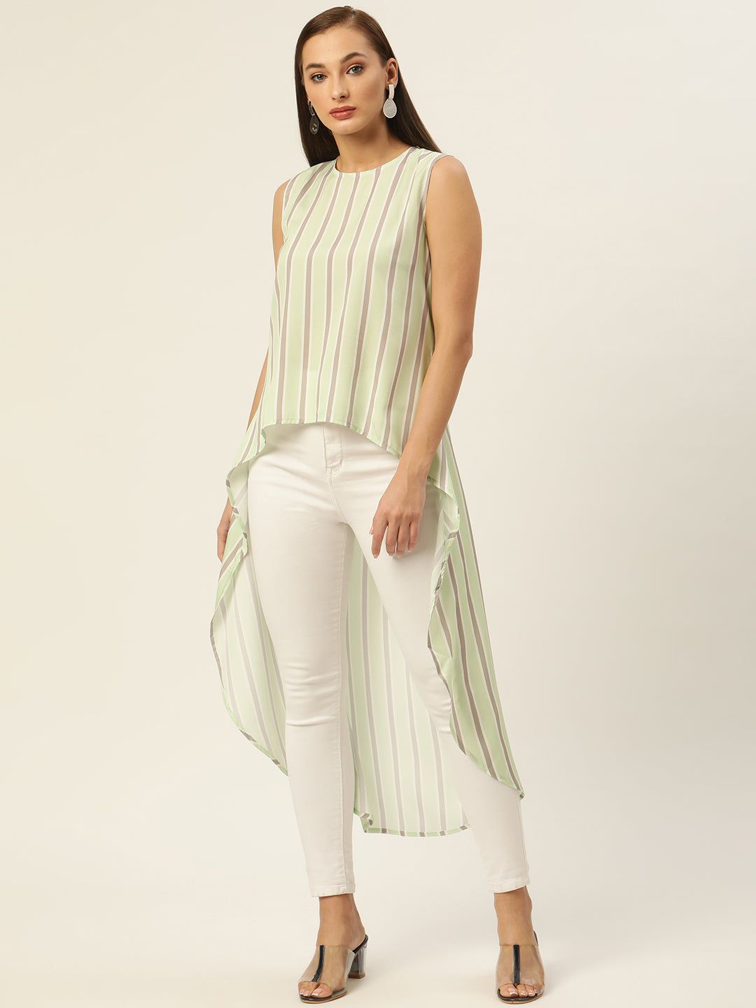 Green & Taupe Striped Crepe High-Low Longline Top