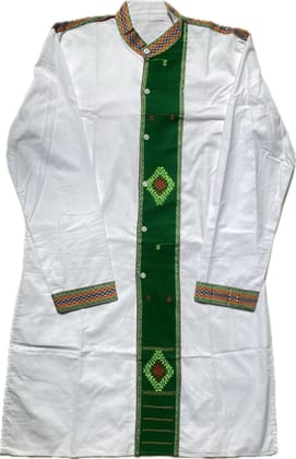 Men's White & Green Woven design Straight Kurta