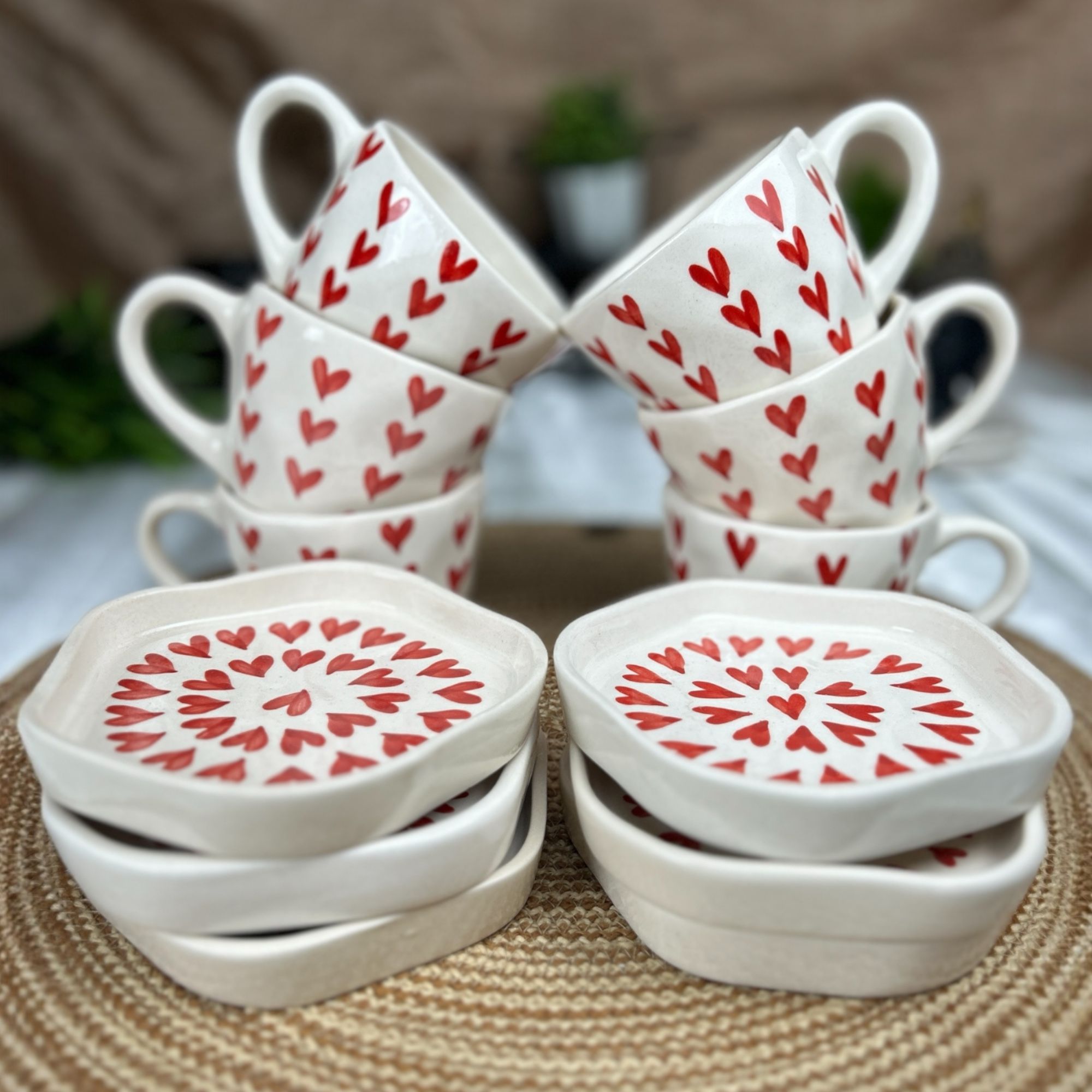 CERAMIC DINING Red Heart Tea Cups with Saucers Set of 6