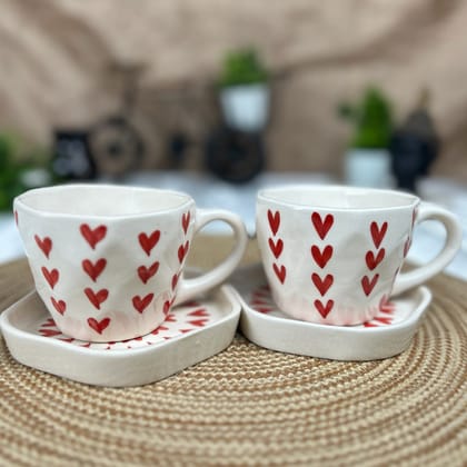 CERAMIC DINING Red Heart Tea Cups with Saucers Set of 2