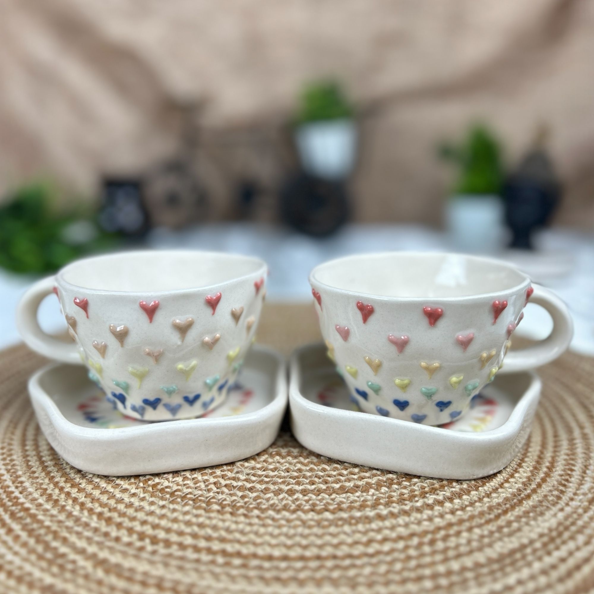 CERAMIC DINING Multicolour 3D Heart Tea Cups with Saucers Set of 2