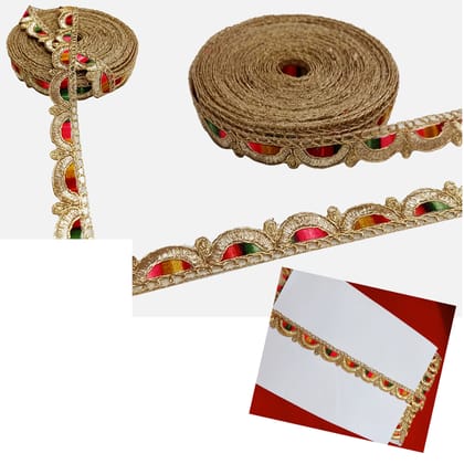 "Lace and Border Material Gold & Multicolor Embroided Heavy Zari Work For Saree, Kurti, Dresses, Duptaa, Lehenga Bags, Decorations Borders, Crafts and Home Decor (9 mrt 2 cm width) (pack of 1)